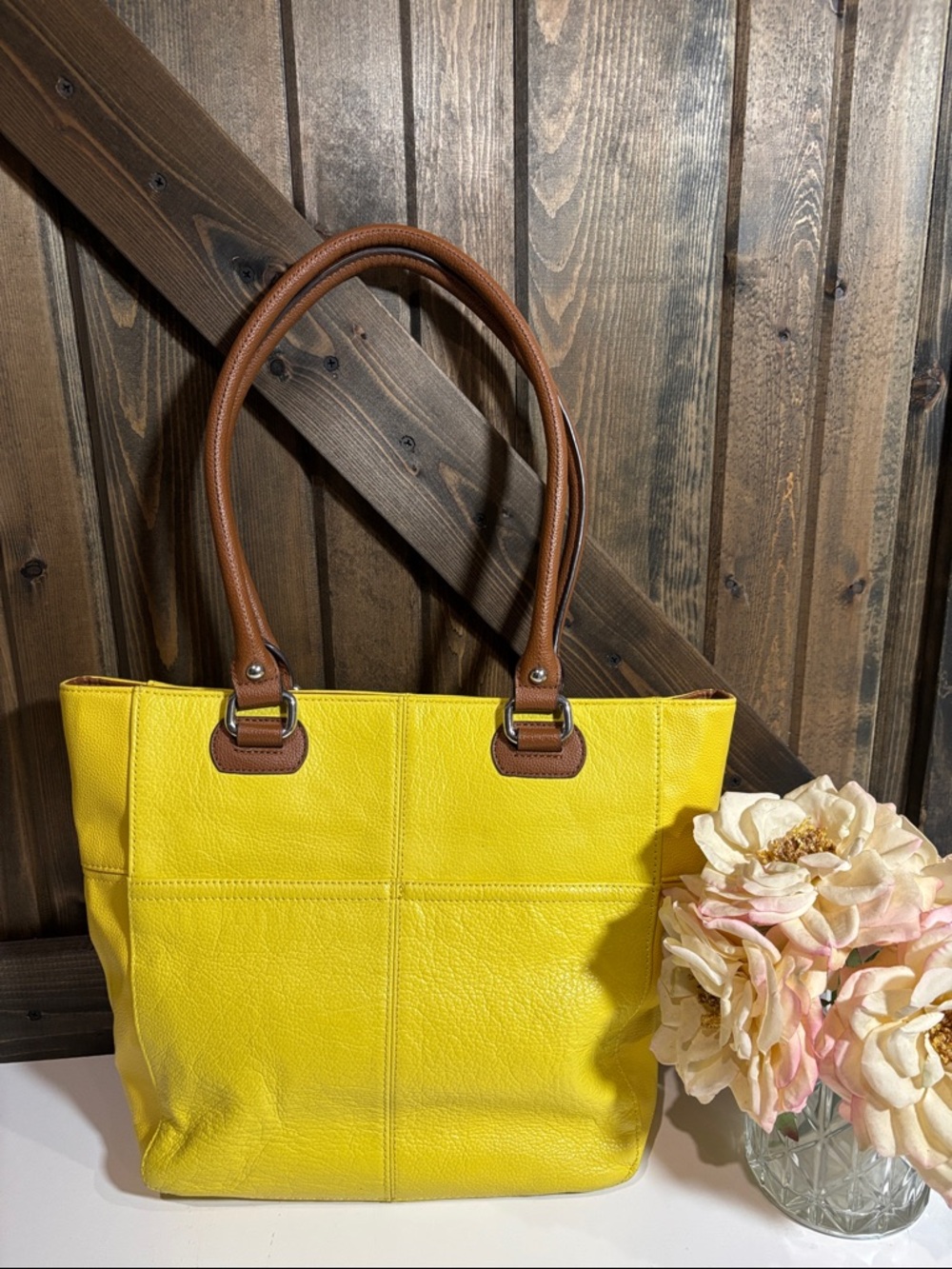 Tignanello Yellow Leather Shoulder Tote with Brown Handles